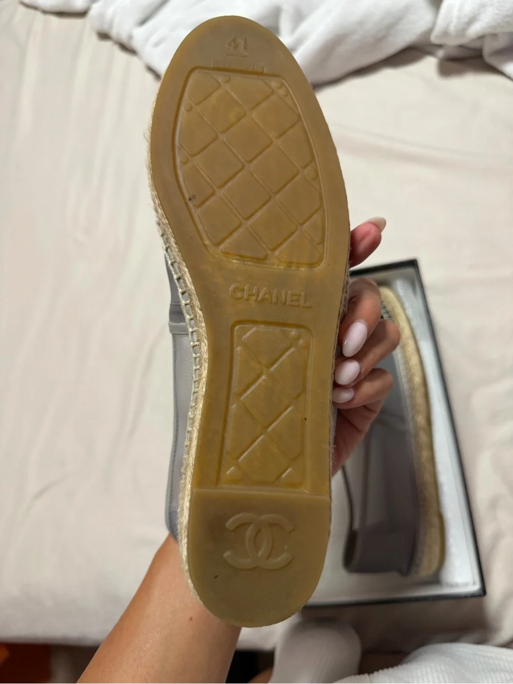 AUTHENTIC CHANEL Black & Gray Mesh Espadrilles with Jute Sole
